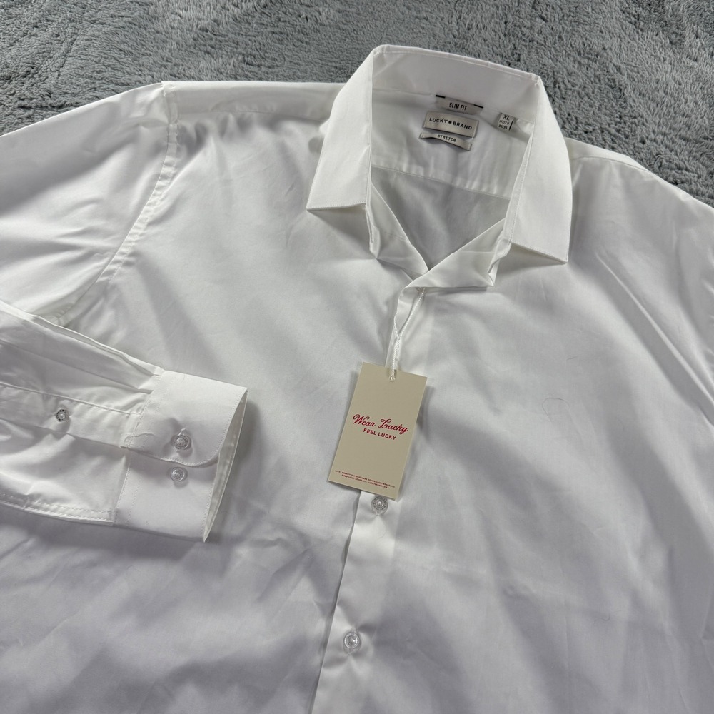Lucky Brand Mens Slim Fit Stretch Dress Shirt White Long Sleeve XL 17/17.5 34/35